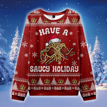 Flying Spaghetti Monster Ugly Christmas Sweater, Saucy Holiday Knit Jumper, Funny Pasta Xmas Sweatshirt, Weird Holiday Gift for Him Her