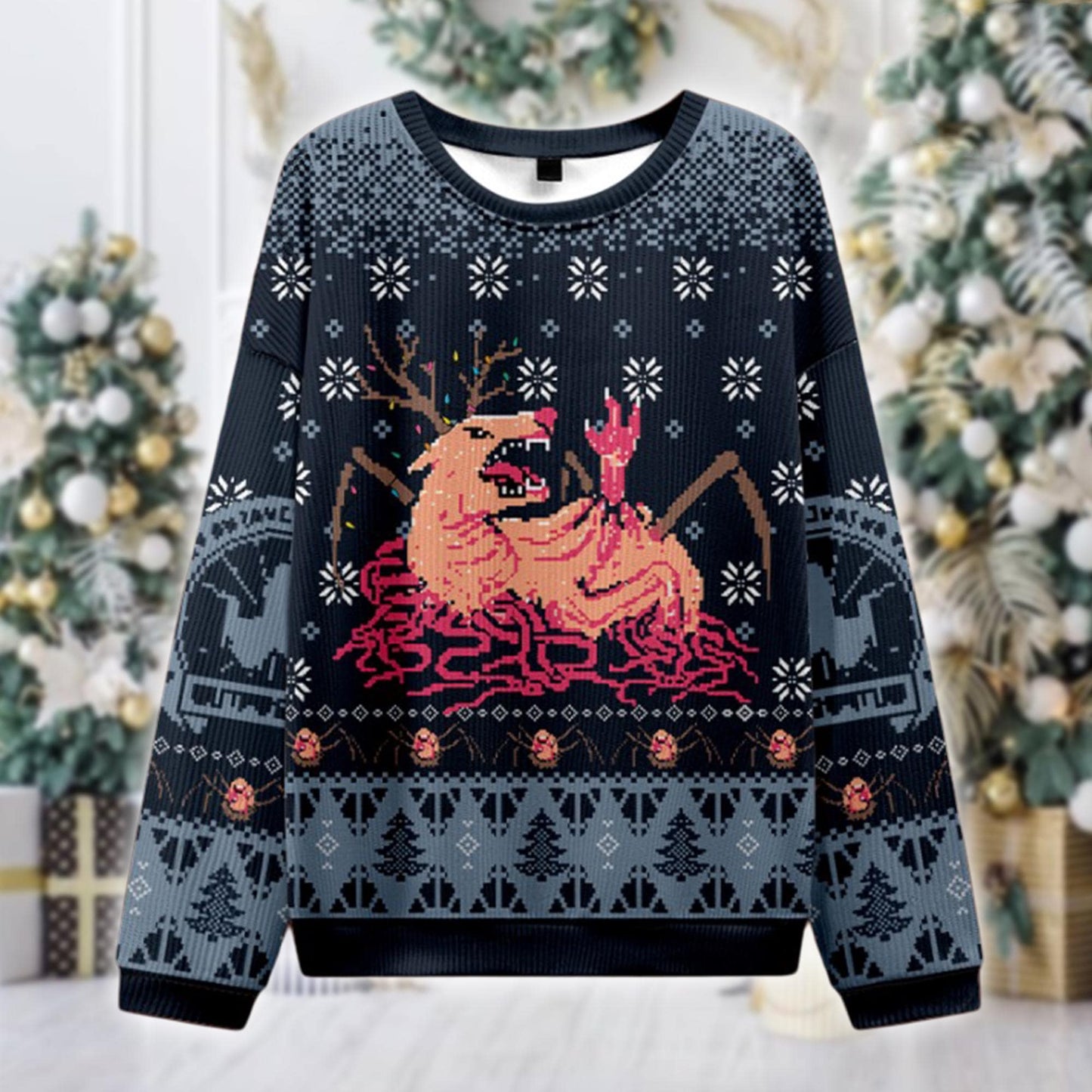 Cursed Reindeer Ugly Christmas Sweater, Creepy Deer Monster Knit Jumper, Horror Xmas Sweatshirt, Weird Holiday Gift for Him Her