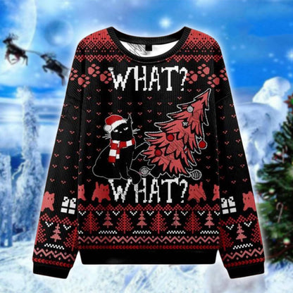 Funny Cat Christmas Ugly Sweater, Black Cat Tree Destroyer Sweatshirt, Xmas Humor Sweater, Unisex Holiday Cat Gift Sweater