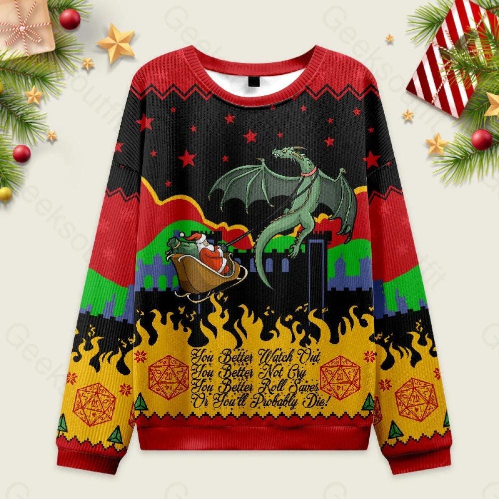 D20 Dungeons & Dragons Seven Dice A-Rolling Ugly Christmas Sweater, BG3 Ugly Christmas Sweatshirt, Xmas Holiday Ugly Sweater