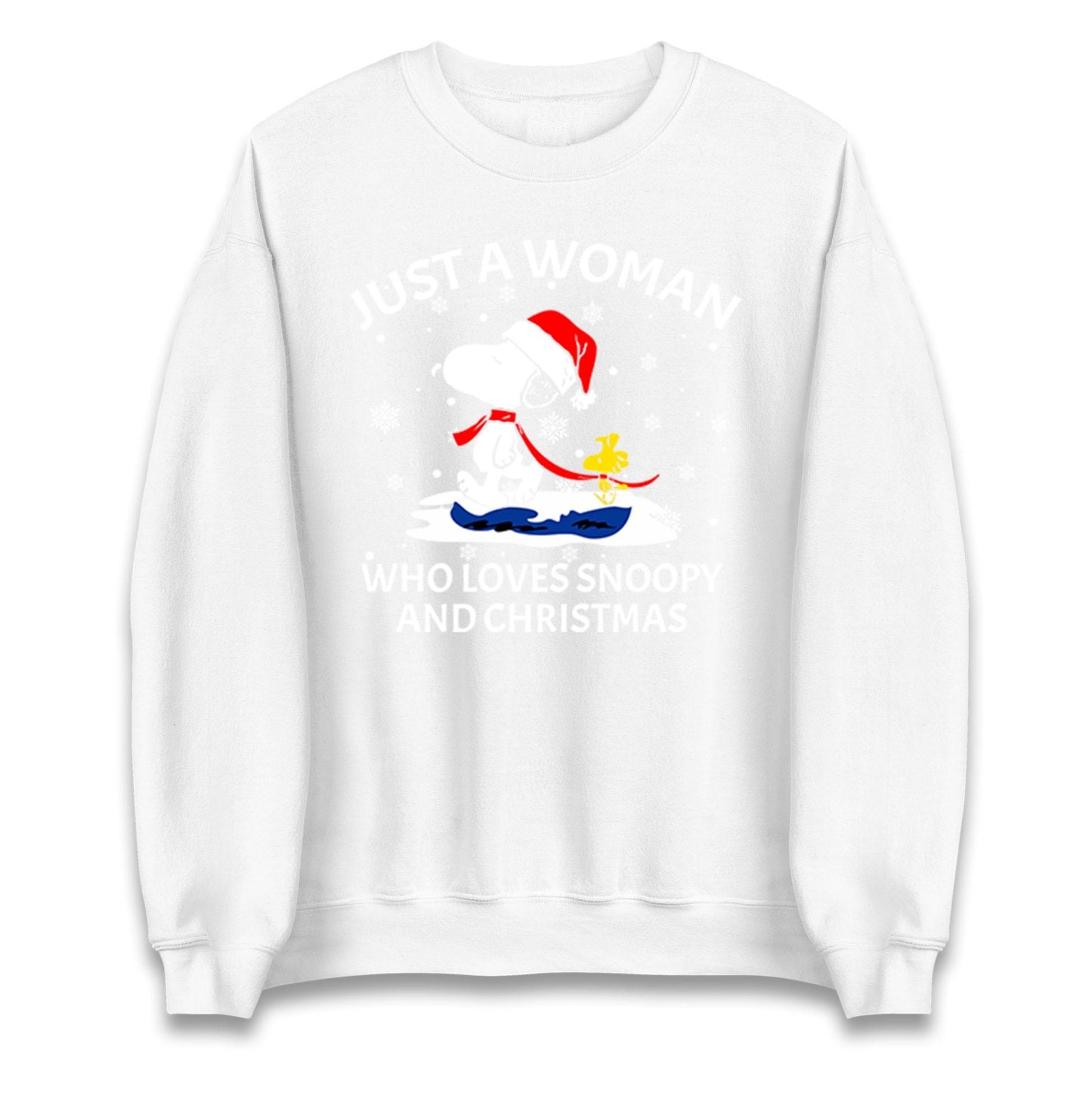Just A Woman Who Loves Snoopy And Christmas Jumper, Funny Xmas Tee, Cute Holiday Gift Sweatshirt, Snoopy Lover Ugly Christmas Top