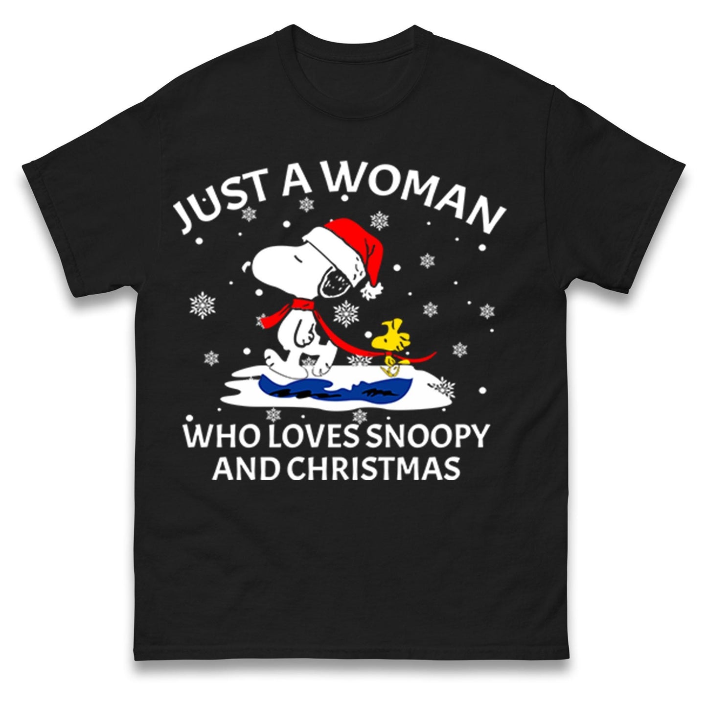 Just A Woman Who Loves Snoopy And Christmas Jumper, Funny Xmas Tee, Cute Holiday Gift Sweatshirt, Snoopy Lover Ugly Christmas Top