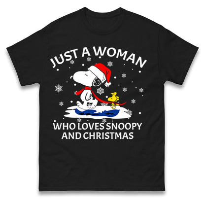 Just A Woman Who Loves Snoopy And Christmas Jumper, Funny Xmas Tee, Cute Holiday Gift Sweatshirt, Snoopy Lover Ugly Christmas Top