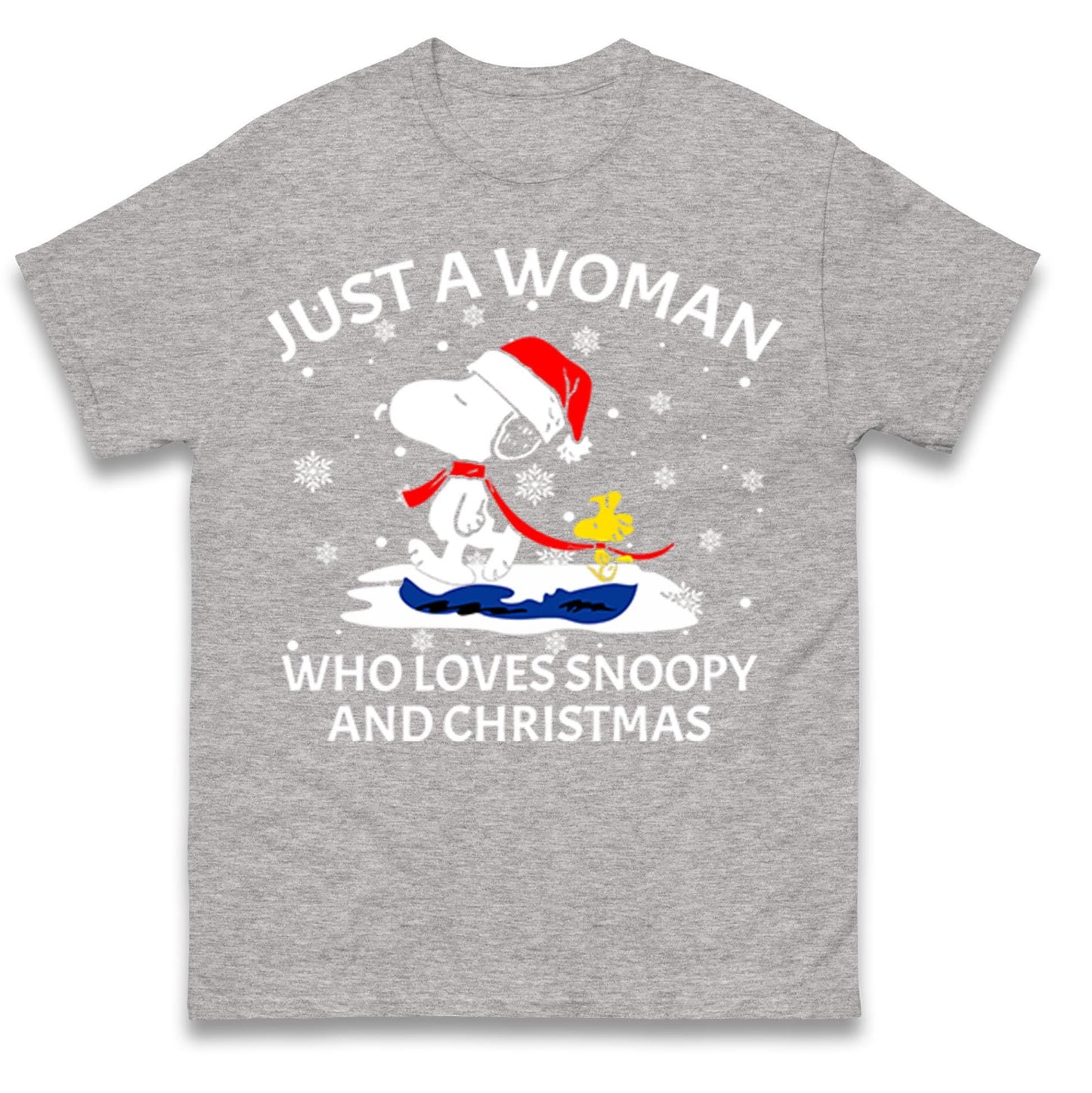 Just A Woman Who Loves Snoopy And Christmas Jumper, Funny Xmas Tee, Cute Holiday Gift Sweatshirt, Snoopy Lover Ugly Christmas Top