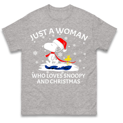 Just A Woman Who Loves Snoopy And Christmas Jumper, Funny Xmas Tee, Cute Holiday Gift Sweatshirt, Snoopy Lover Ugly Christmas Top