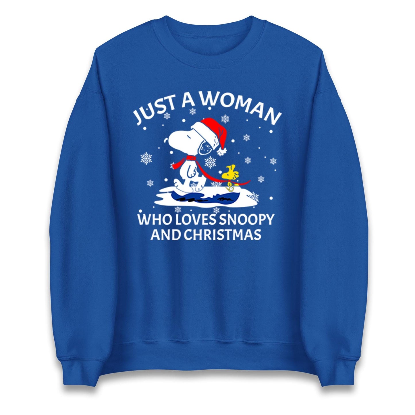 Just A Woman Who Loves Snoopy And Christmas Jumper, Funny Xmas Tee, Cute Holiday Gift Sweatshirt, Snoopy Lover Ugly Christmas Top