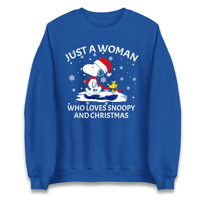 Just A Woman Who Loves Snoopy And Christmas Jumper, Funny Xmas Tee, Cute Holiday Gift Sweatshirt, Snoopy Lover Ugly Christmas Top
