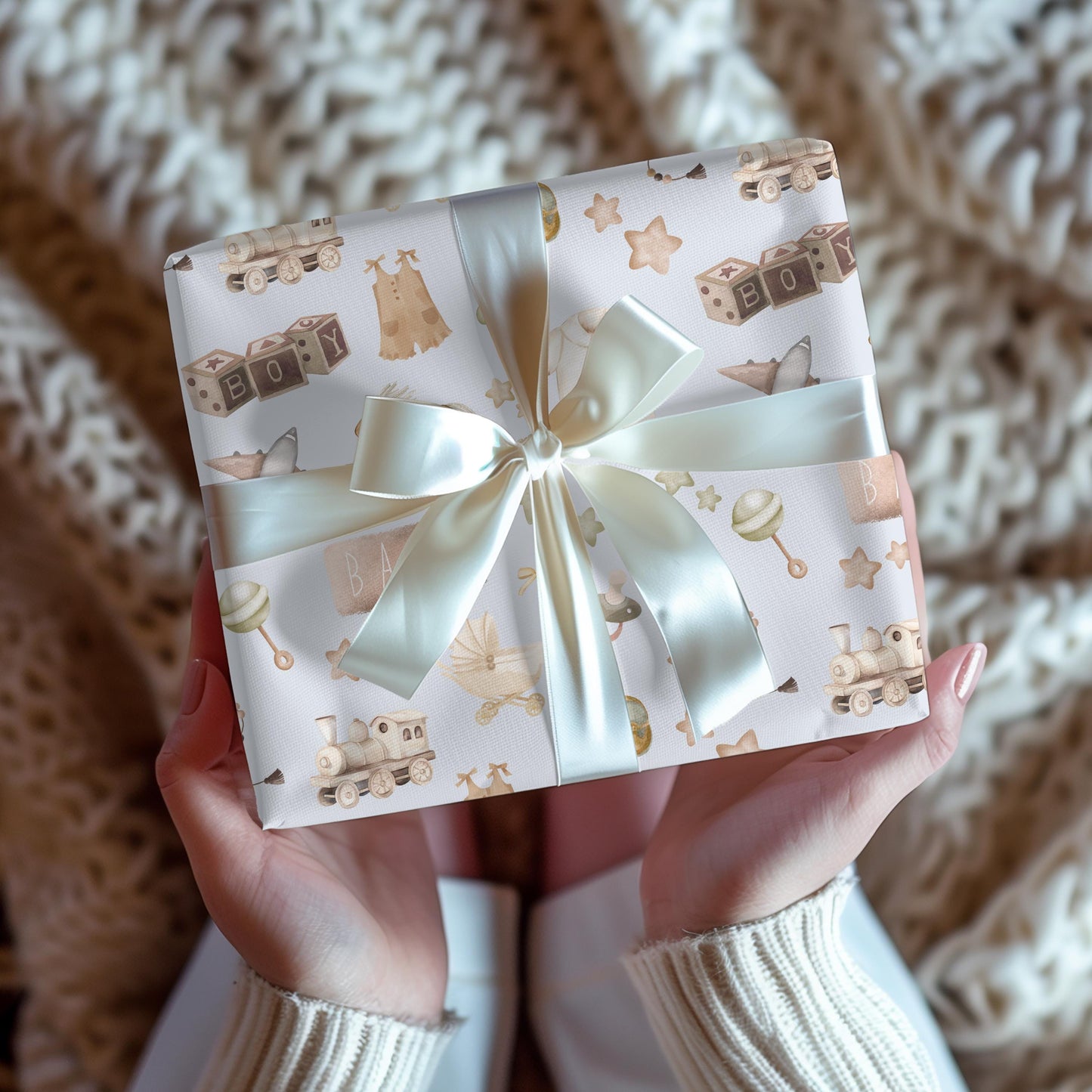 Baby Boy Watercolor Gift Wrap: Blue & Brown Nursery Decor