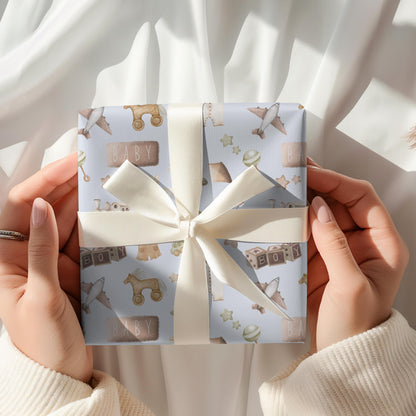 Baby Boy Watercolor Gift Wrap: Blue & Brown Nursery Decor