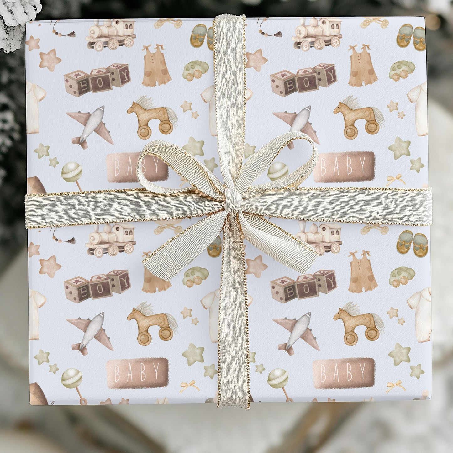 Baby Boy Watercolor Gift Wrap: Blue & Brown Nursery Decor