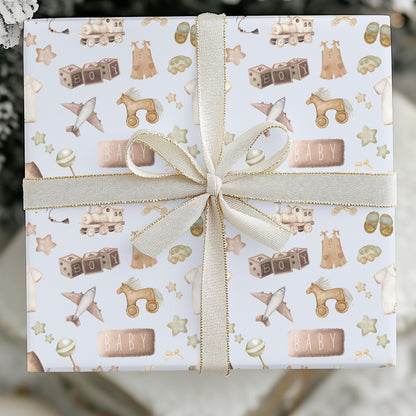 Baby Boy Watercolor Gift Wrap: Blue & Brown Nursery Decor