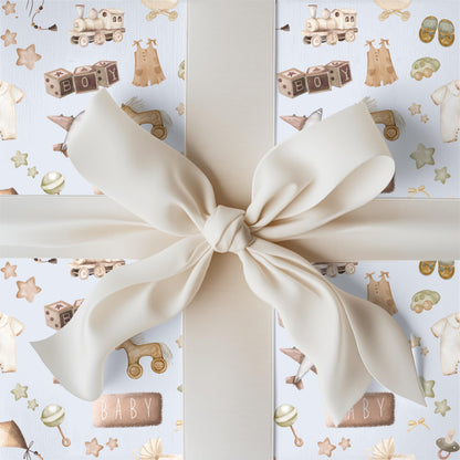 Baby Boy Watercolor Gift Wrap: Blue & Brown Nursery Decor