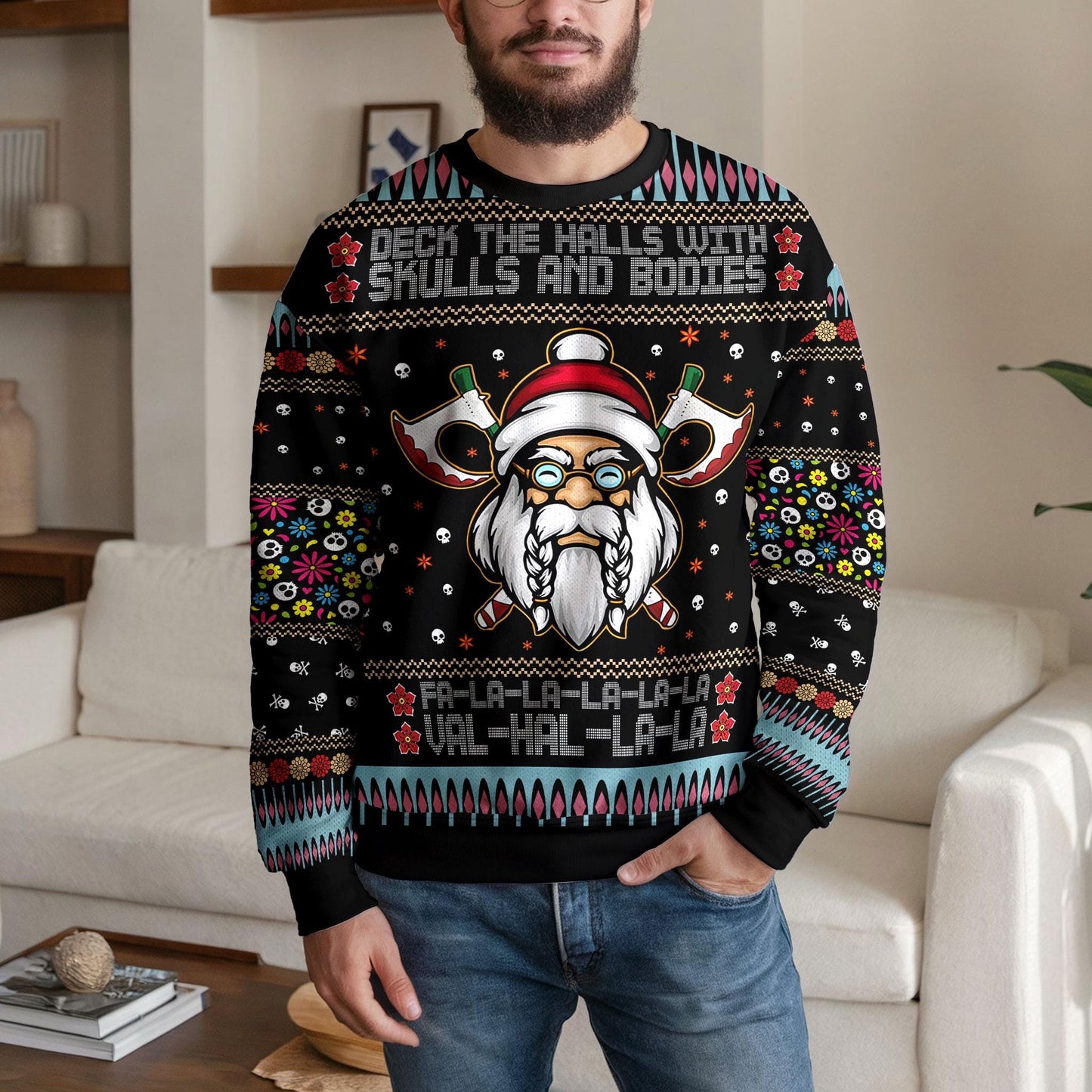 Funny Viking Santa Ugly Christmas Sweater For Men Women, Deck The Halls With Skulls And Bodies Ugly Xmas Sweatshirt, Nordic Holiday Gift