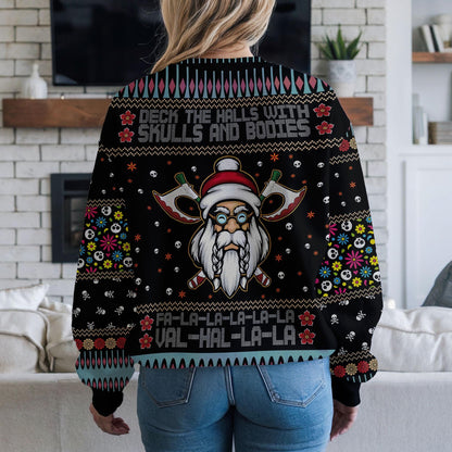 Funny Viking Santa Ugly Christmas Sweater For Men Women, Deck The Halls With Skulls And Bodies Ugly Xmas Sweatshirt, Nordic Holiday Gift