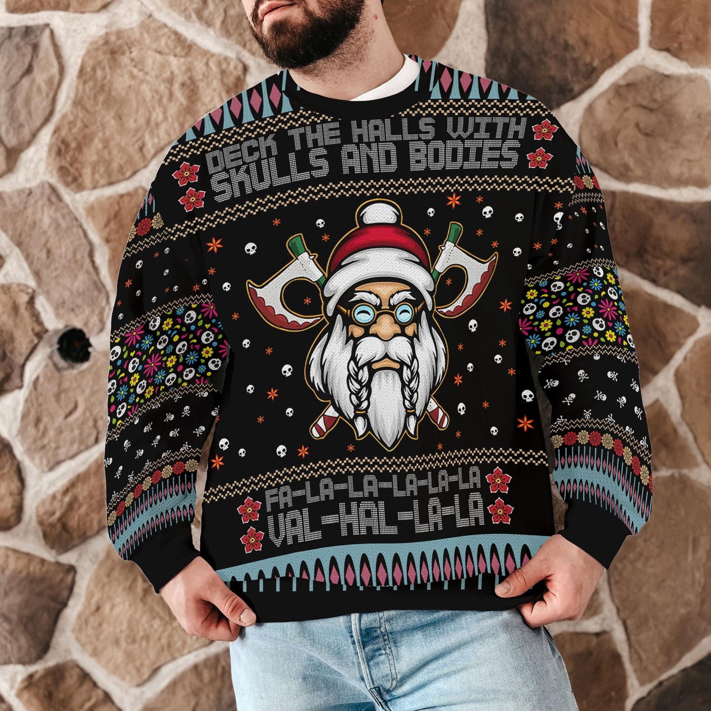 Funny Viking Santa Ugly Christmas Sweater For Men Women, Deck The Halls With Skulls And Bodies Ugly Xmas Sweatshirt, Nordic Holiday Gift