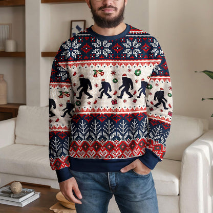 Funny Bigfoot Ugly Christmas Sweater, Ugly Sasquatch Holiday Sweatshirt for Men Women, Xmas Party Gift Winter Forest Design