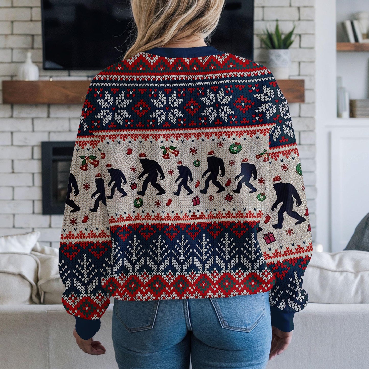 Funny Bigfoot Ugly Christmas Sweater, Ugly Sasquatch Holiday Sweatshirt for Men Women, Xmas Party Gift Winter Forest Design