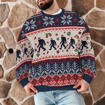 Funny Bigfoot Ugly Christmas Sweater, Ugly Sasquatch Holiday Sweatshirt for Men Women, Xmas Party Gift Winter Forest Design
