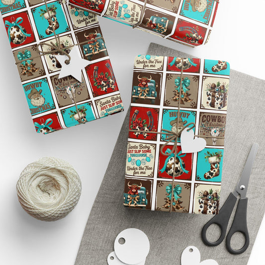 Turquoise Western Gift Wrap Paper: Retro Cowgirl Holiday Print