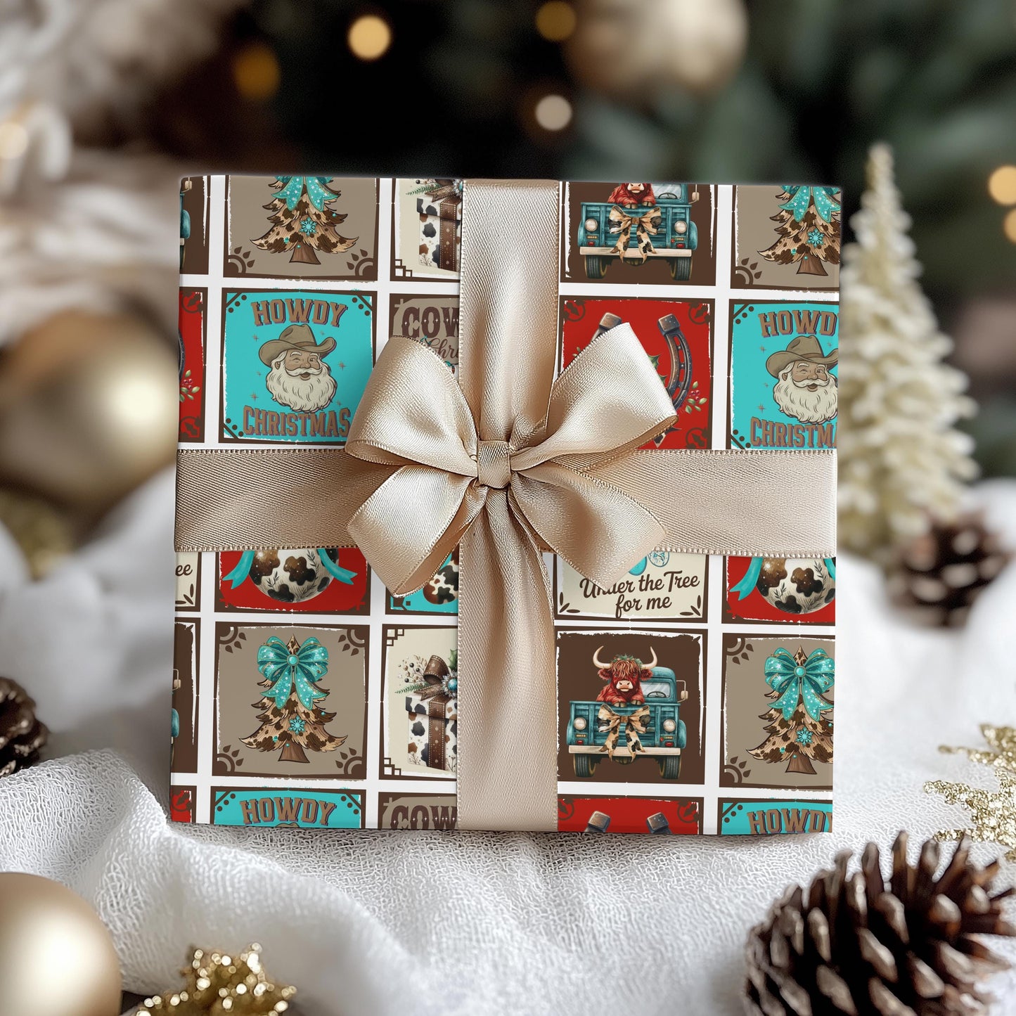 Turquoise Western Gift Wrap Paper: Retro Cowgirl Holiday Print