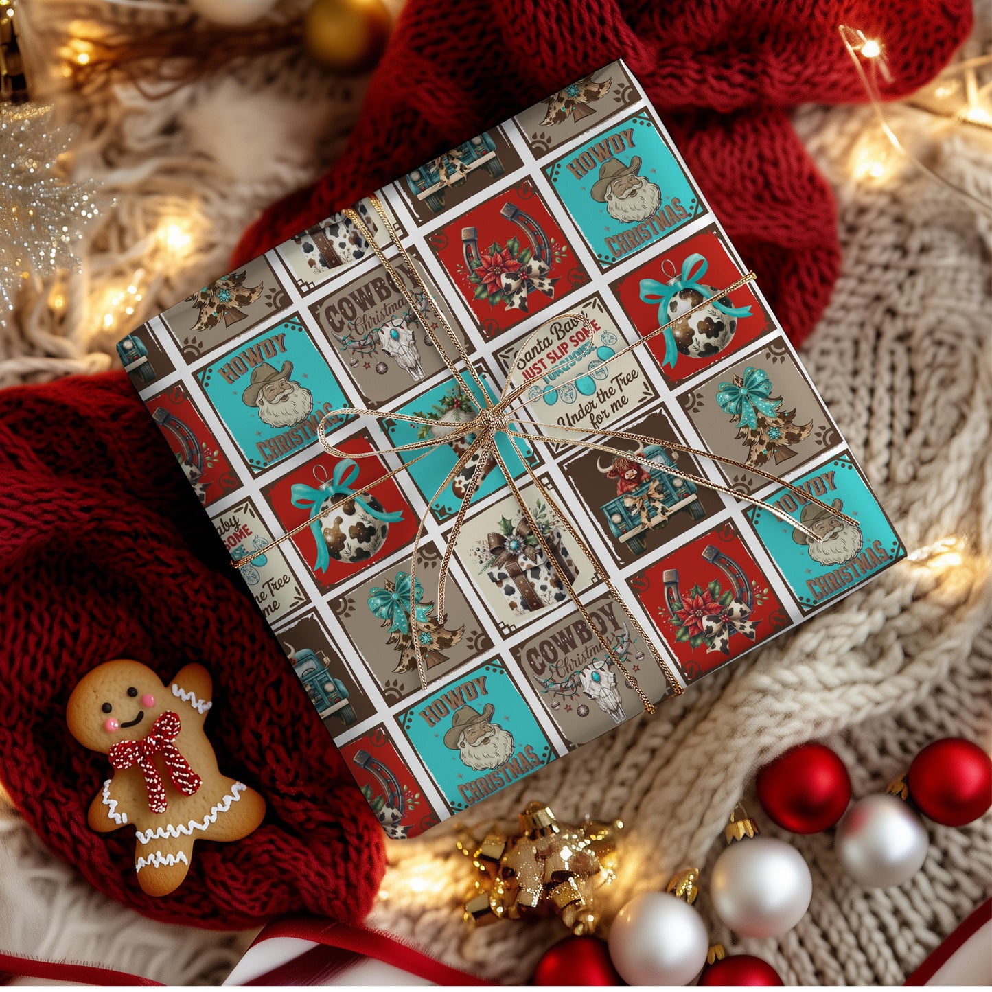 Turquoise Western Gift Wrap Paper: Retro Cowgirl Holiday Print