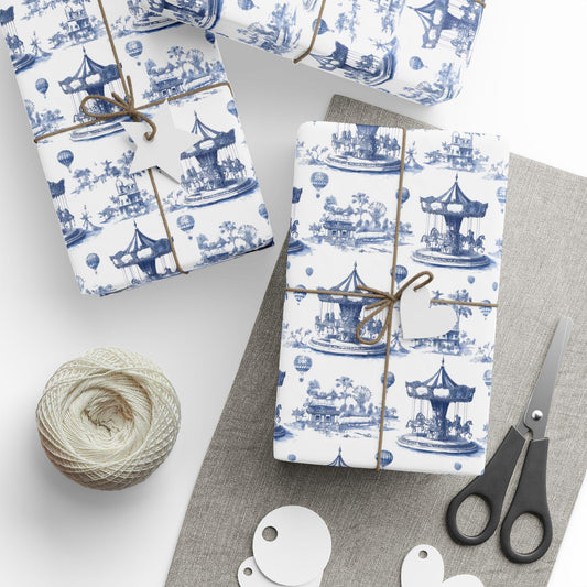 Carousel Toile Wrapping Papers - Boys Baby Blue Gift Wrap, Baby Showers and Birthdays