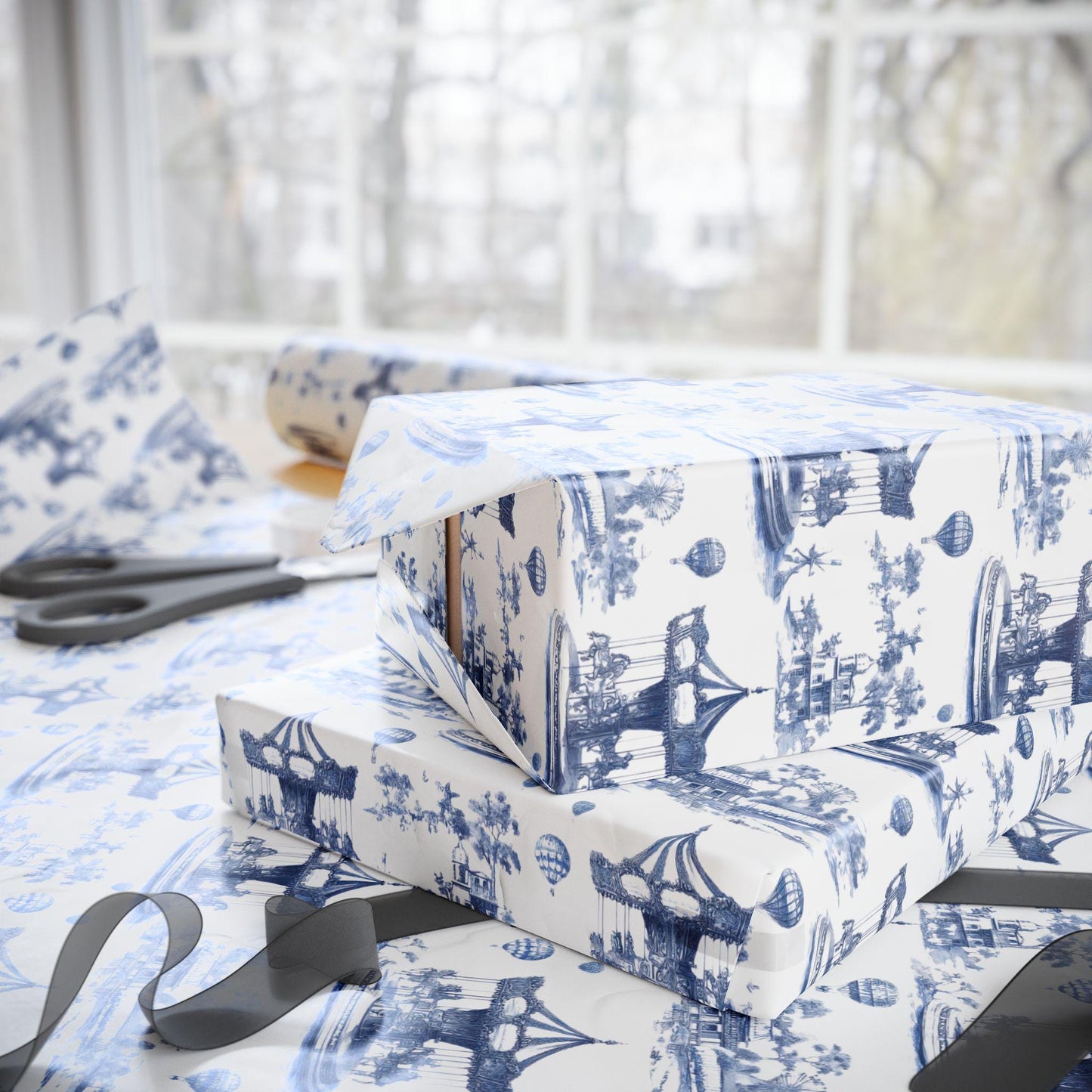 Carousel Toile Wrapping Papers - Boys Baby Blue Gift Wrap, Baby Showers and Birthdays