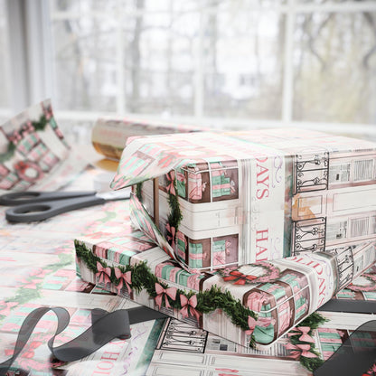 Happy Holidays Wrapping | Christmas Window Gift Wrap | Wreath & Garland Holiday Paper | Cozy Farmhouse Christmas Decor | Rustic Holiday