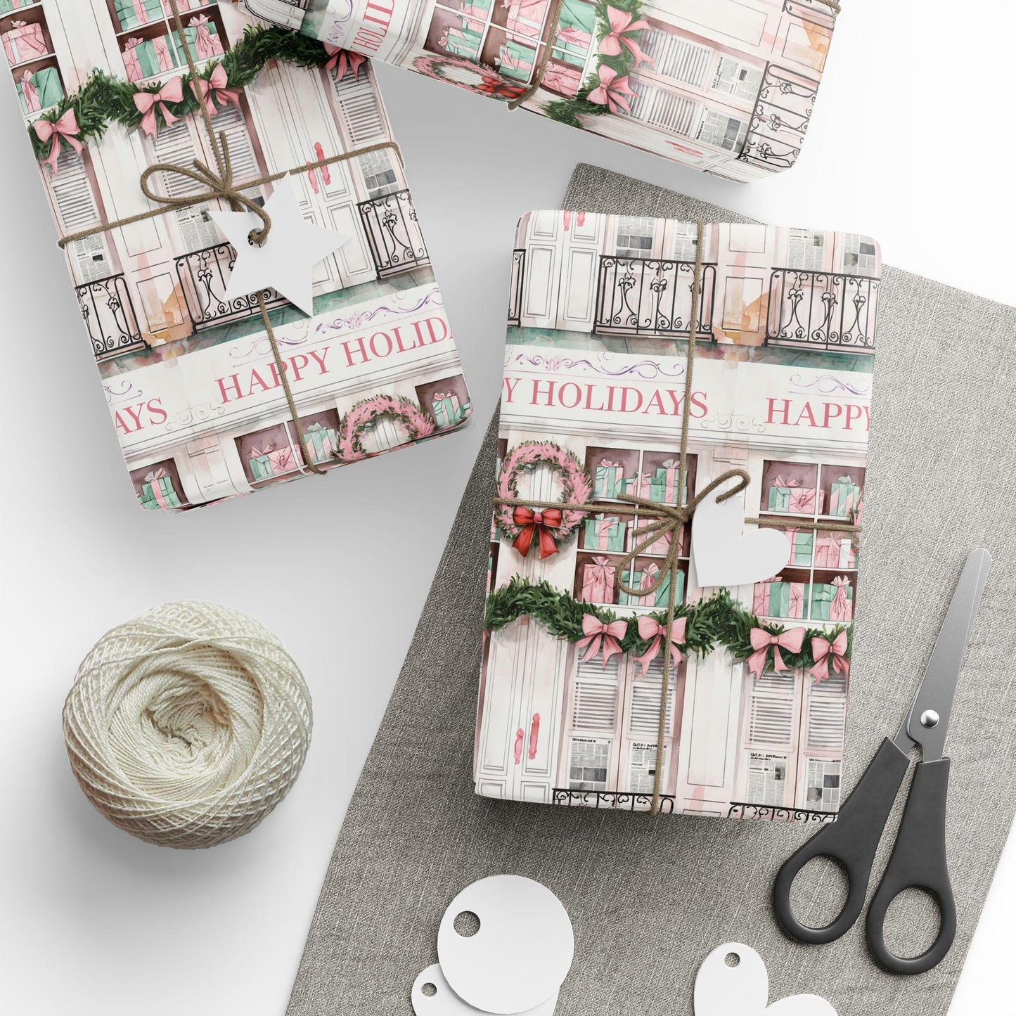 Happy Holidays Wrapping | Christmas Window Gift Wrap | Wreath & Garland Holiday Paper | Cozy Farmhouse Christmas Decor | Rustic Holiday