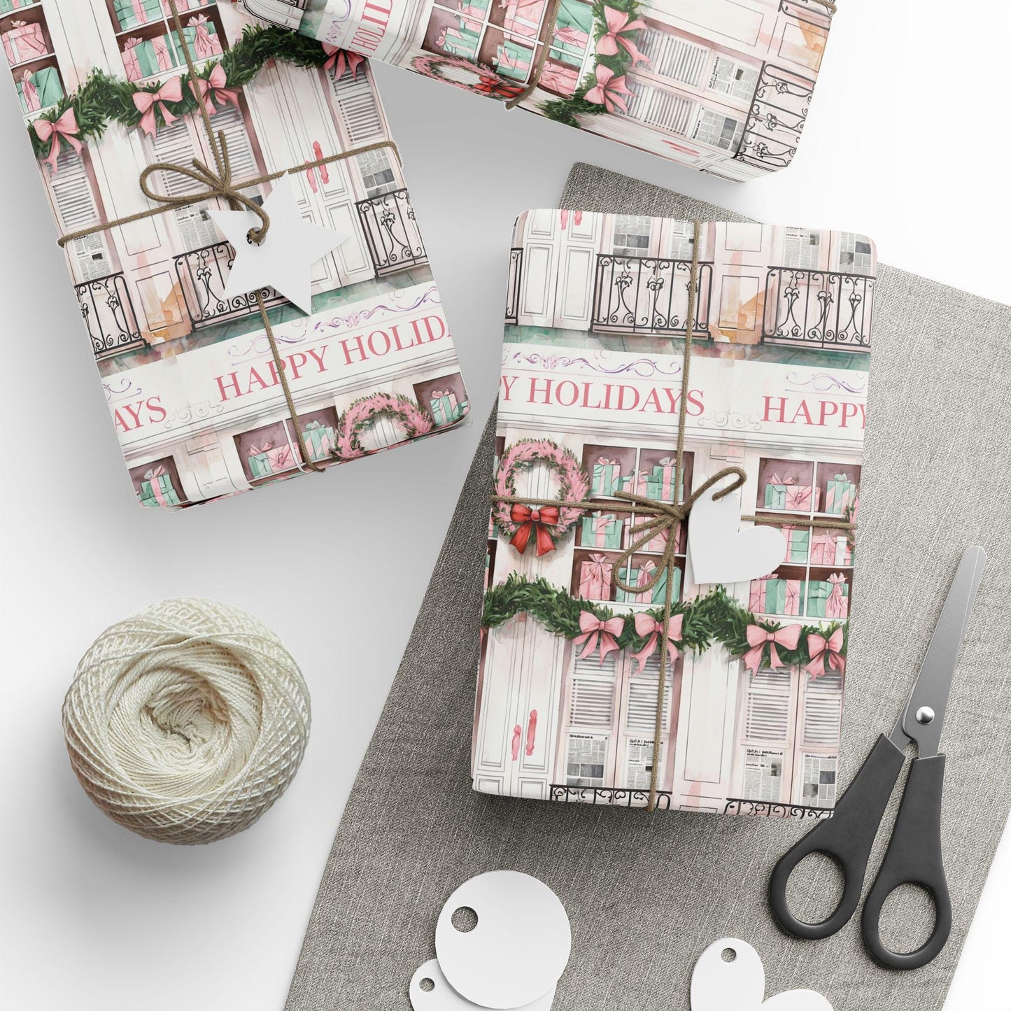 Happy Holidays Wrapping | Christmas Window Gift Wrap | Wreath & Garland Holiday Paper | Cozy Farmhouse Christmas Decor | Rustic Holiday
