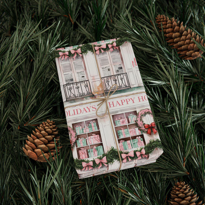 Happy Holidays Wrapping | Christmas Window Gift Wrap | Wreath & Garland Holiday Paper | Cozy Farmhouse Christmas Decor | Rustic Holiday