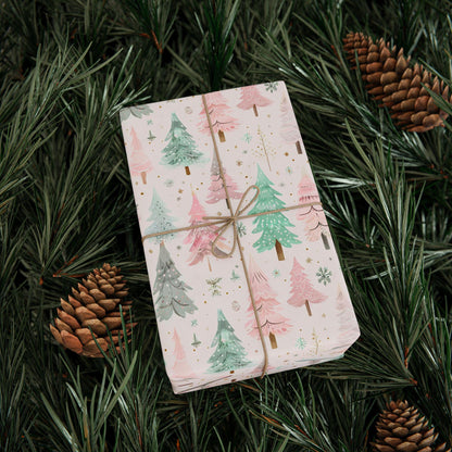 Pink Christmas Tree Wrapping Paper- Modern Holiday Gift Wrap, Watercolor Tree Print, Festive Winter Gift Wrap, Cute Pastel Christmas Decor