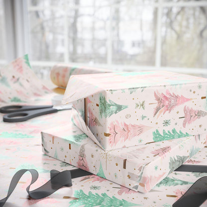 Pink Christmas Tree Wrapping Paper- Modern Holiday Gift Wrap, Watercolor Tree Print, Festive Winter Gift Wrap, Cute Pastel Christmas Decor