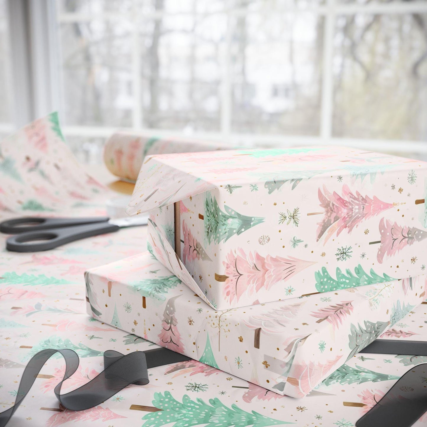 Pink Christmas Tree Wrapping Paper- Modern Holiday Gift Wrap, Watercolor Tree Print, Festive Winter Gift Wrap, Cute Pastel Christmas Decor