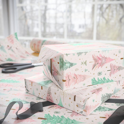 Pink Christmas Tree Wrapping Paper- Modern Holiday Gift Wrap, Watercolor Tree Print, Festive Winter Gift Wrap, Cute Pastel Christmas Decor