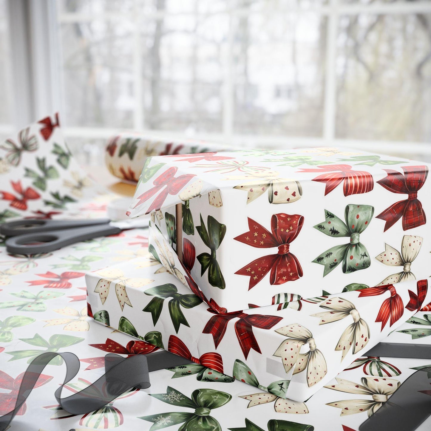 Christmas Bow Wrapping Paper | Holiday Gift Wrap | Red and Green Ribbon Design | Festive Christmas Packaging | Rustic Holiday Decor