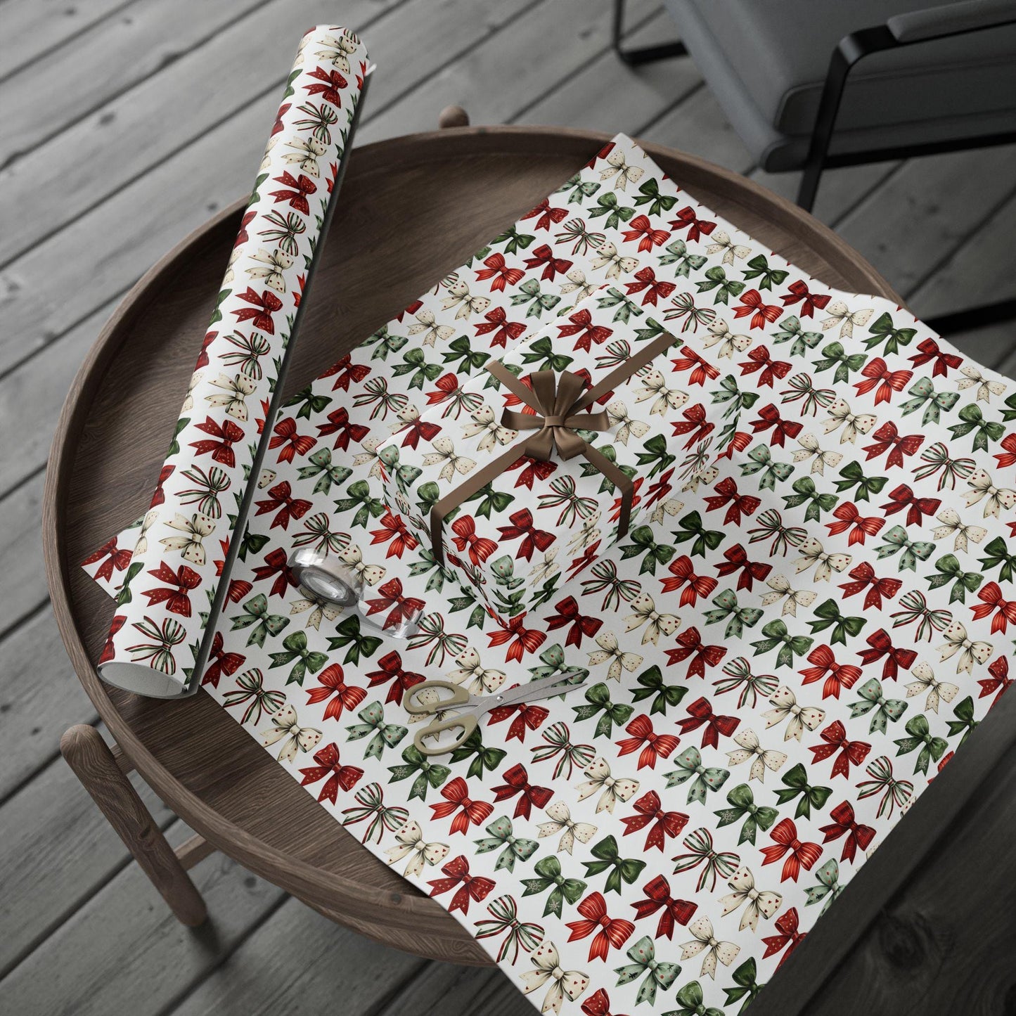 Christmas Bow Wrapping Paper | Holiday Gift Wrap | Red and Green Ribbon Design | Festive Christmas Packaging | Rustic Holiday Decor