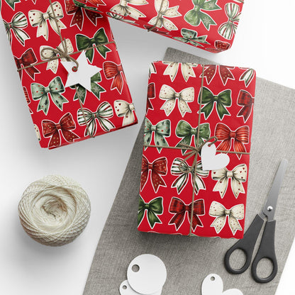 Red Christmas Bow Wrapping Paper | Festive Holiday Gift Wrap | Green & White Ribbon Design | Elegant Xmas Packaging | Holiday Decor