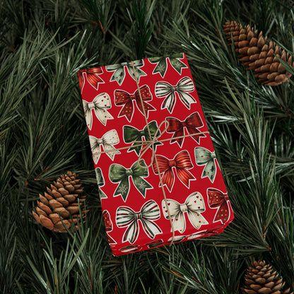 Red Christmas Bow Wrapping Paper | Festive Holiday Gift Wrap | Green & White Ribbon Design | Elegant Xmas Packaging | Holiday Decor