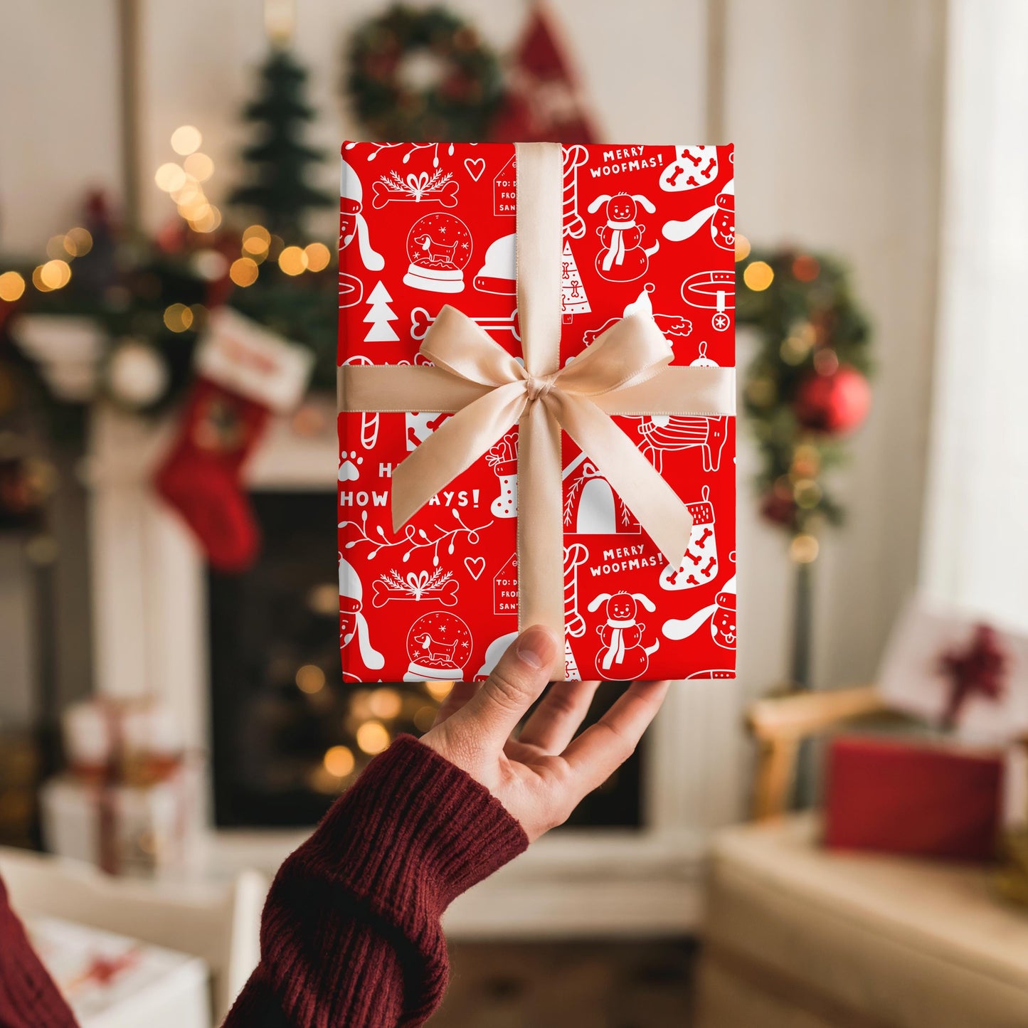 Dog Gift Wrap Paper, Hand Drawn Doodle Drawings in Red and White, DOGGY Wrapping Papers, Puppy  Gift Wrap