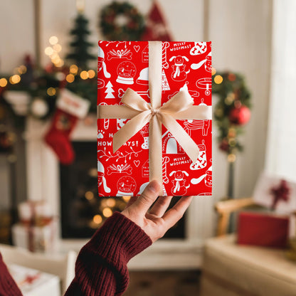 Dog Gift Wrap Paper, Hand Drawn Doodle Drawings in Red and White, DOGGY Wrapping Papers, Puppy  Gift Wrap