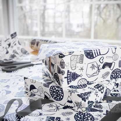 Wrapping Papers - Navy Blue Hand Drawn Christmas Gift Wrap, Holiday Wrapping Paper, Festive Gift Wrap, Doodle Art