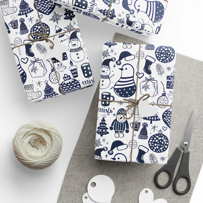 Wrapping Papers - Navy Blue Hand Drawn Christmas Gift Wrap, Holiday Wrapping Paper, Festive Gift Wrap, Doodle Art