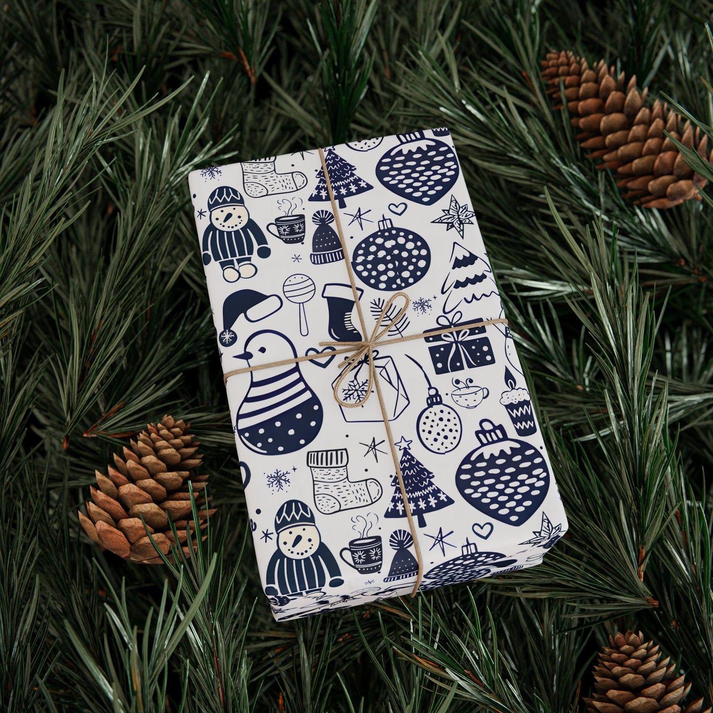 Wrapping Papers - Navy Blue Hand Drawn Christmas Gift Wrap, Holiday Wrapping Paper, Festive Gift Wrap, Doodle Art