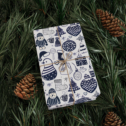Wrapping Papers - Navy Blue Hand Drawn Christmas Gift Wrap, Holiday Wrapping Paper, Festive Gift Wrap, Doodle Art