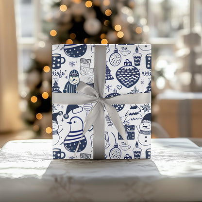 Wrapping Papers - Navy Blue Hand Drawn Christmas Gift Wrap, Holiday Wrapping Paper, Festive Gift Wrap, Doodle Art