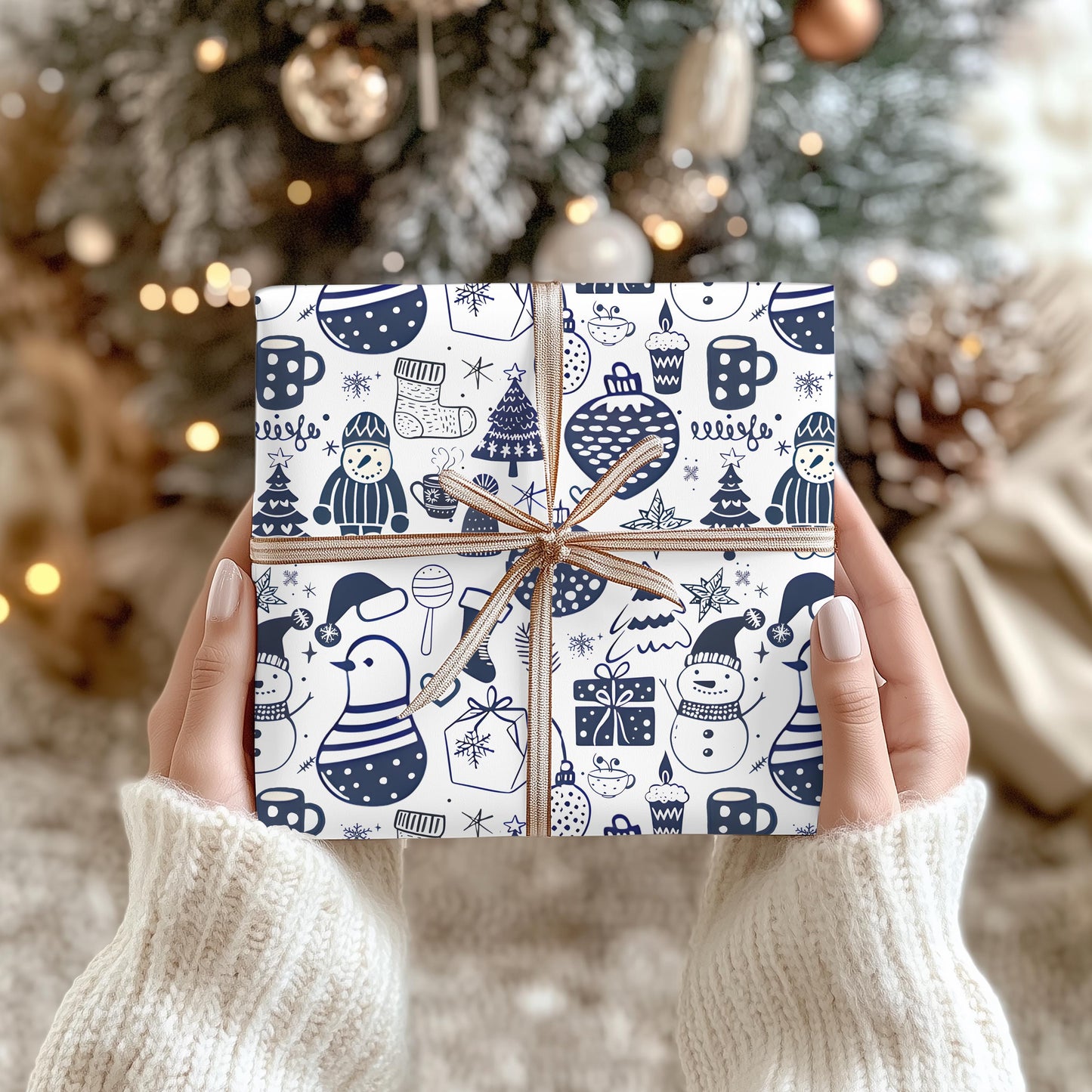 Wrapping Papers - Navy Blue Hand Drawn Christmas Gift Wrap, Holiday Wrapping Paper, Festive Gift Wrap, Doodle Art