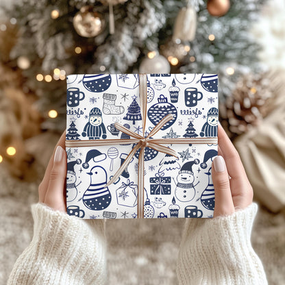 Wrapping Papers - Navy Blue Hand Drawn Christmas Gift Wrap, Holiday Wrapping Paper, Festive Gift Wrap, Doodle Art