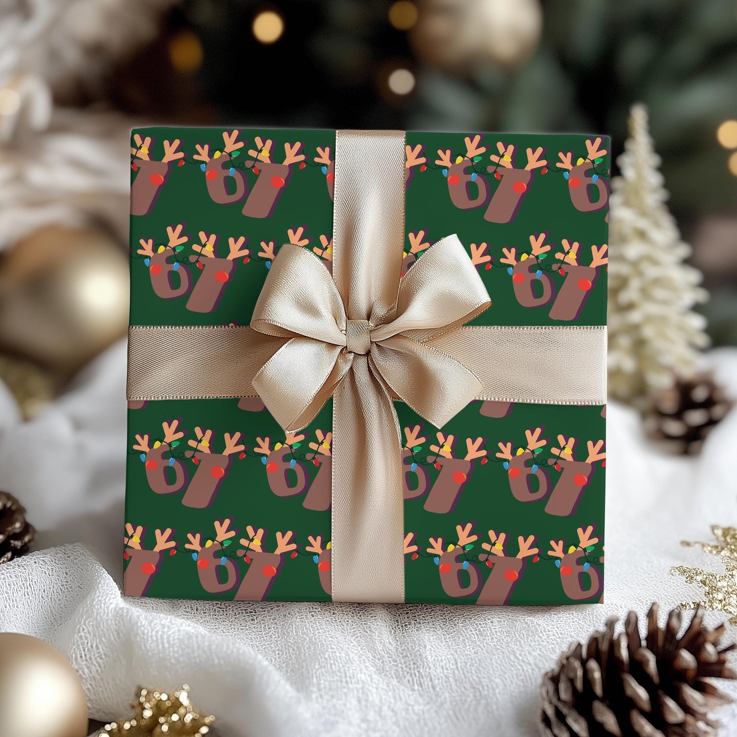 Green 67 Wrapping Papers, 67 Meme Christmas Gift Wrap, Kids Funny Wrapping Paper, Reindeer 67 Wrap, Brain Rot meme, Holiday Gift Wrap