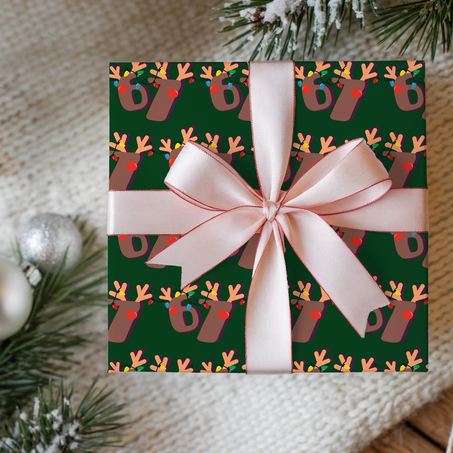 Green 67 Wrapping Papers, 67 Meme Christmas Gift Wrap, Kids Funny Wrapping Paper, Reindeer 67 Wrap, Brain Rot meme, Holiday Gift Wrap
